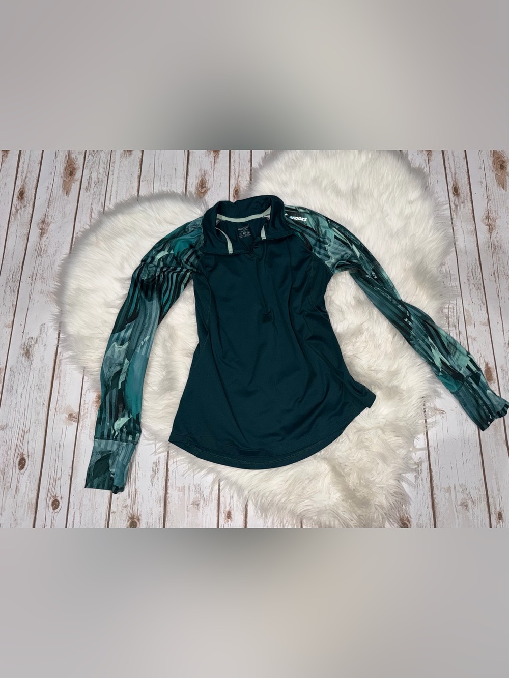 Brooks Women's Dark Teal Quarter-Zip Performance Pullover with Patterned Sleeves